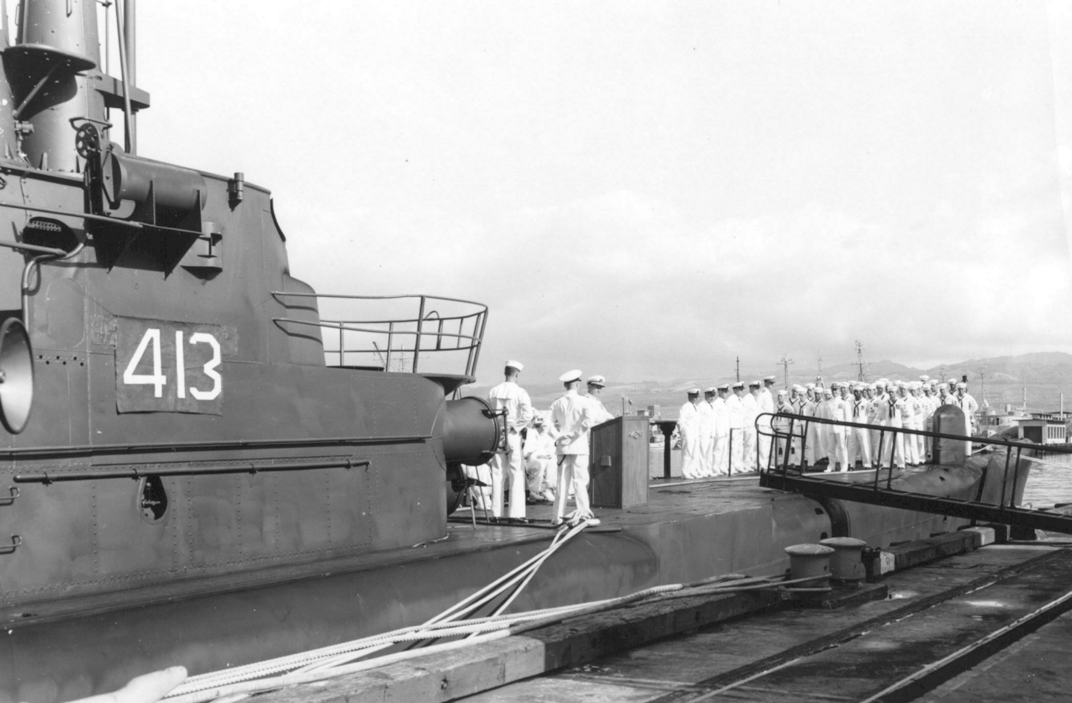 Decommissioning ceremony of USS Spot, 12 Jan 1962
