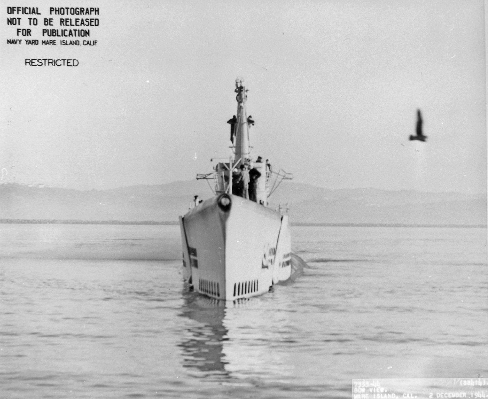 Bow view of USS Springer, off Mare Island Naval Shipyard, Vallejo, California, United States, 2 Dec 1944
