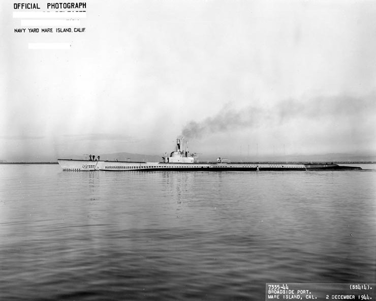 Port side view of USS Springer, off Mare Island Naval Shipyard, Vallejo, California, United States, 2 Dec 1944