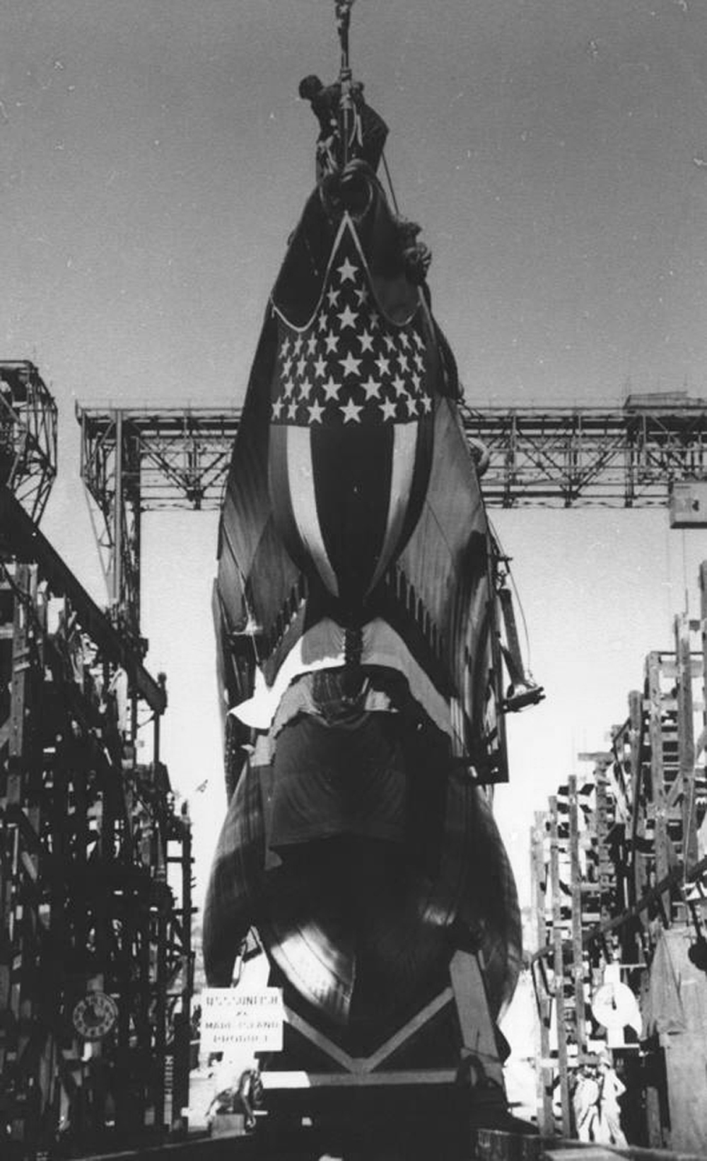 Sunfish preparing for launch, Mare Island Navy Yard, Vallejo, California, United States, 2 May 1942