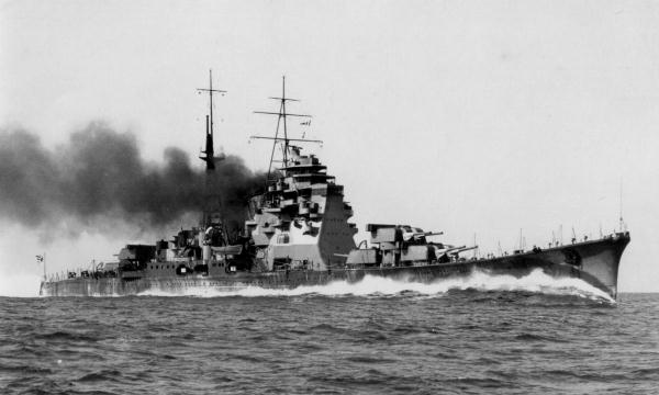 Japanese heavy cruiser Takao on a trial run at full speed off Tateyama, Tokyo Bay, 1 Jul 1932