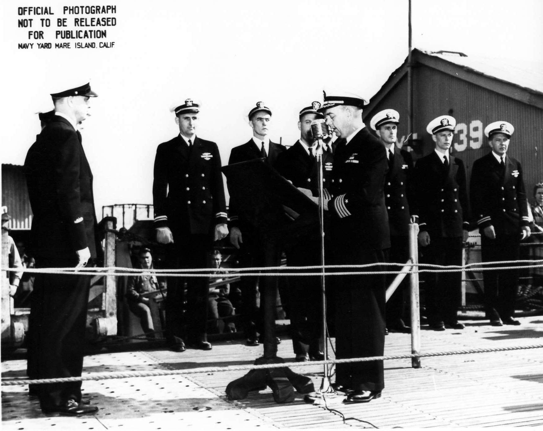 Commissioning ceremony of USS Tang, Mare Island Navy Yard, Vallejo, California, United States, 15 Oct 1943
