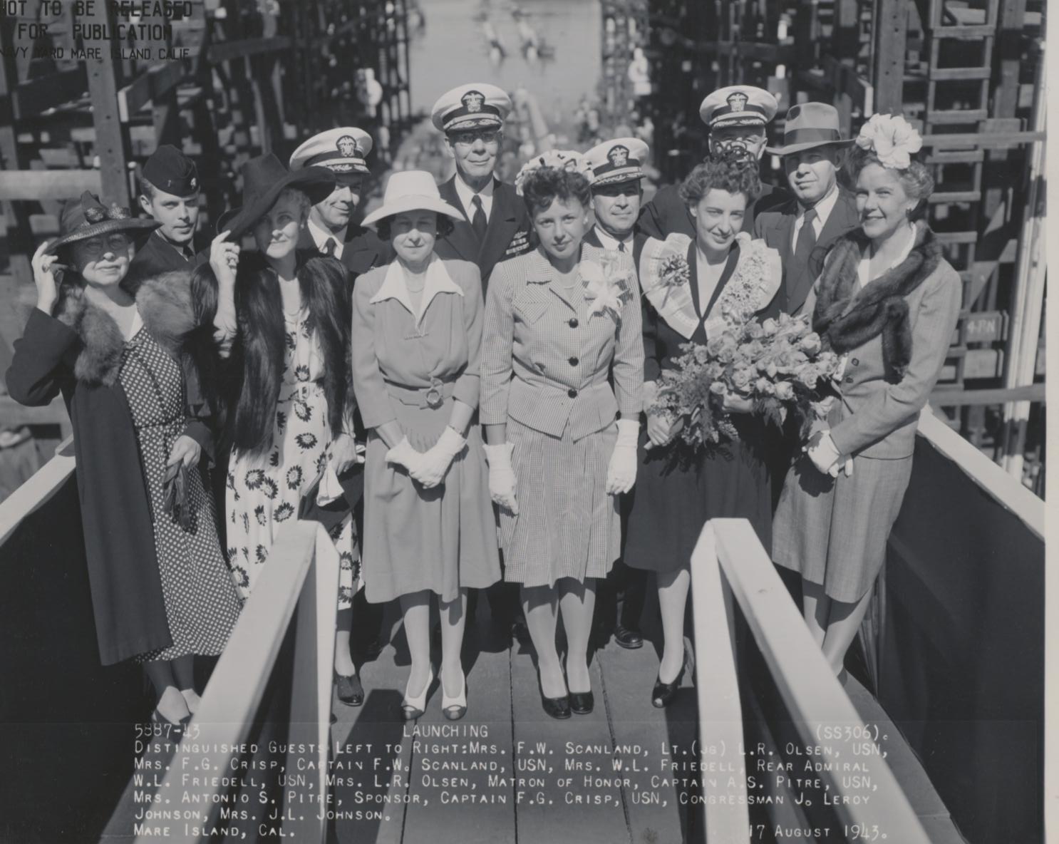 Launching party of Tang, Mare Island Navy Yard, Vallejo, California, United States, 17 Aug 1943