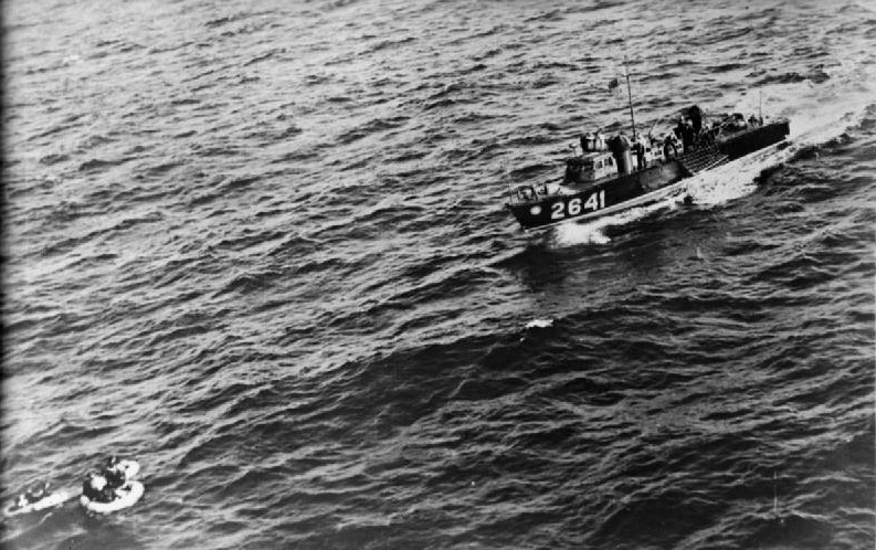 HSL 2641 rescuing downed US Navy airmen whose PB4Y-1 bomber had been shot down by Germans over the Bay of Biscay, 15 Feb 1944