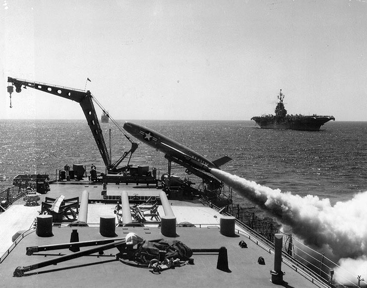 USS Los Angeles firing a Regulus I missle off San Diego, California, United States, 7 Aug 1957; note USS Ticonderoga in background