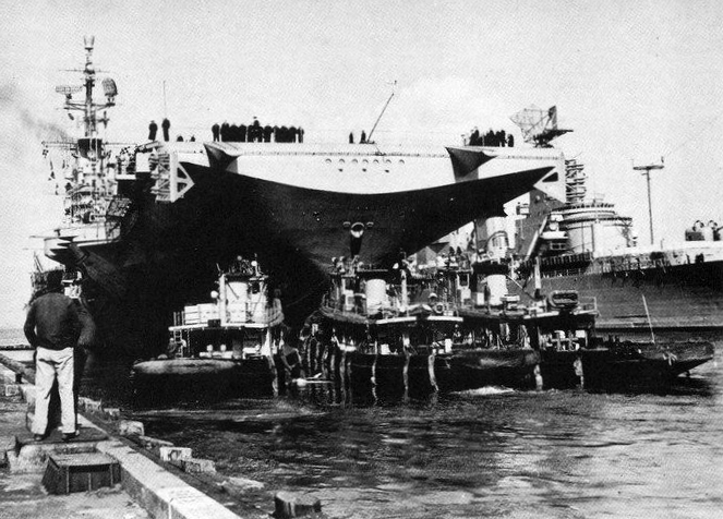 USS Ticonderoga preparing to depart Norfolk Naval Shipyard, Portsmouth, Virginia, United States, Apr 1957