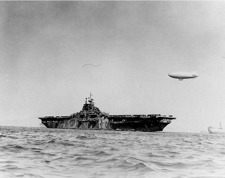 Ticonderoga in San Francisco Bay, California, United States, late 1945 or early 1946; note blimp in flight in background