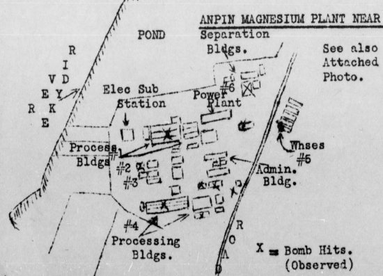Hand-drawn post-raid map of Kaneka Soda Company chemical plant (mis-identified as a magnesium plant) by personnel of Air Group 80 aboard USS Ticonderoga, 15 Jan 1945 or later; the facilities were located in Anpin District, Tainan, Taiwan