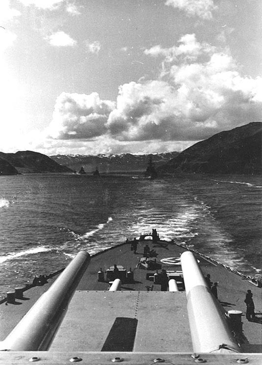 Photo taken from atop Tirpitz's rear turret, looking back at other German warships