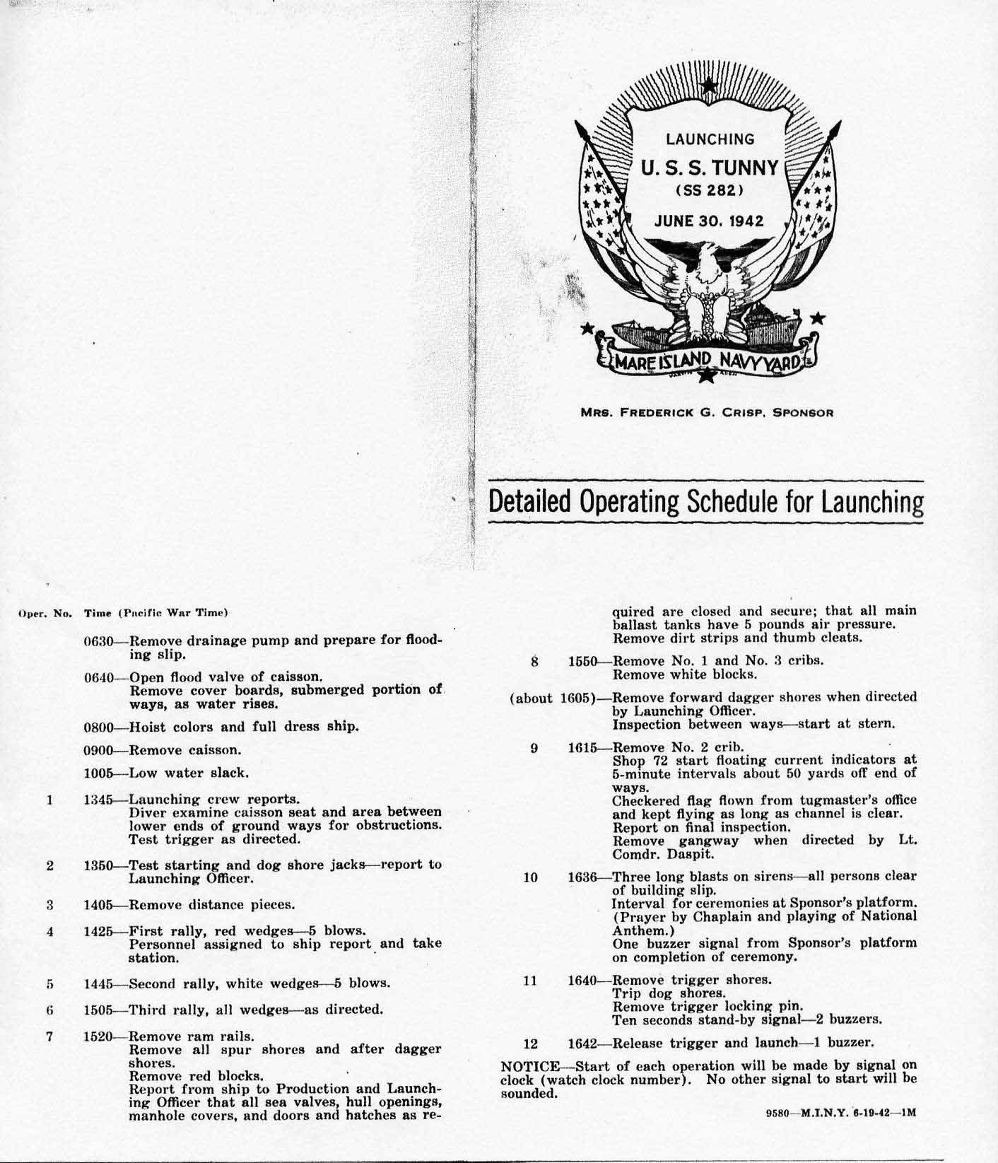 Detailed Operating Schedule for Launching of the Tunny, 30 Jun 1942, page 1 of 2