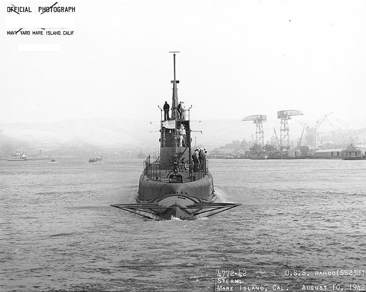 Stern view of USS Wahoo, Mare Island Navy Yard, Vallejo, California, United States, 10 Aug 1942