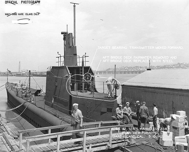 View of the conning tower of USS Wahoo, Mare Island Navy Yard, Vallejo, California, United States, 10 Aug 1942, photo 2 of 2