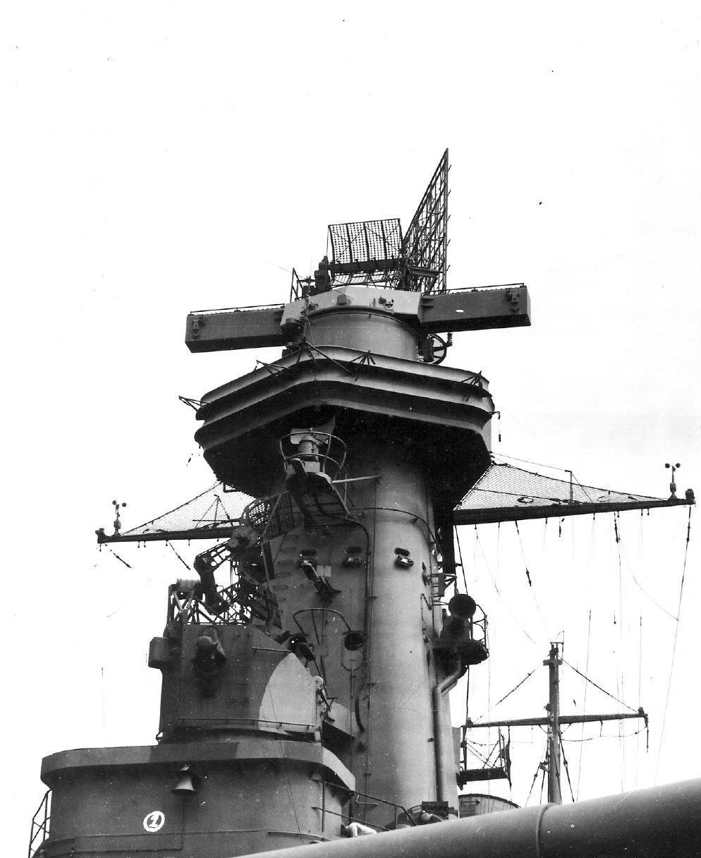 Close up view of the tower foremast of USS Washington, New York Navy Yard, New York, United States, 18 Aug 1942