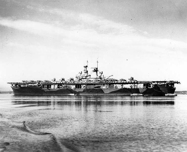 Wasp in Casco Bay, Maine, United States, circa early 1942; note SB2U Vindicator scout bombers and F4F Wildcat fighters on deck