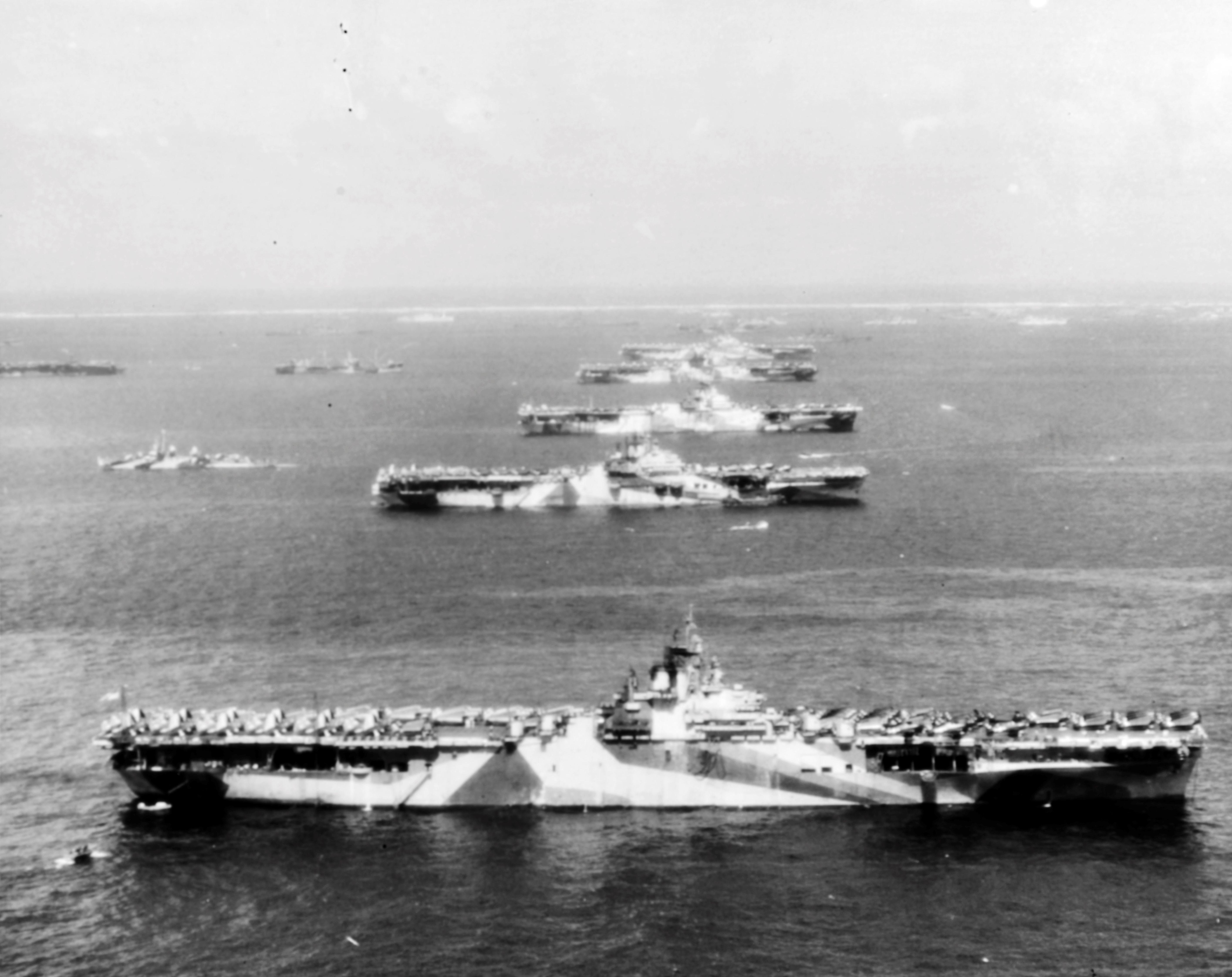 USS Wasp, USS Yorktown, USS Hornet, USS Hancock, USS Ticonderoga, and other warships at Ulithi Atoll, Caroline Islands, 8 Dec 1944, photo 2 of 3