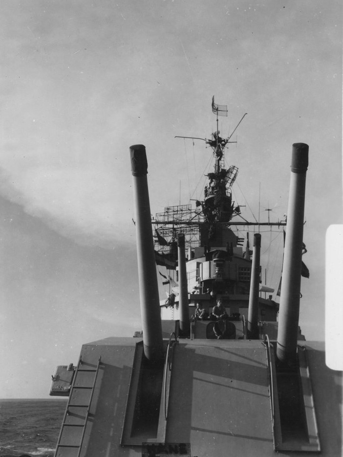 View of USS Wasp's 5-inch guns and island, 23 Dec 1944