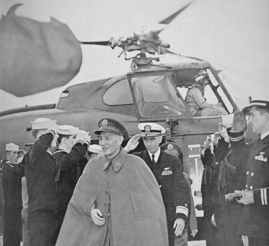 Chiang Kaishek aboard USS Wasp, off Taiwan, 10 Jan 1954