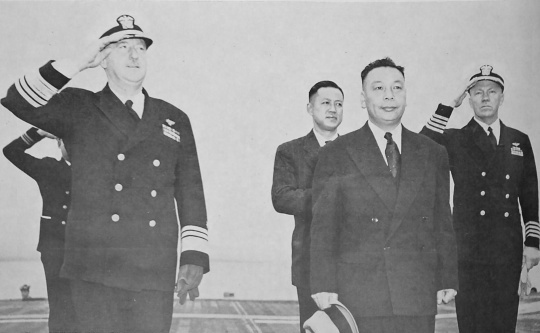 Chiang Ching-Kuo aboard USS Wasp, off Taiwan, 10 Jan 1954
