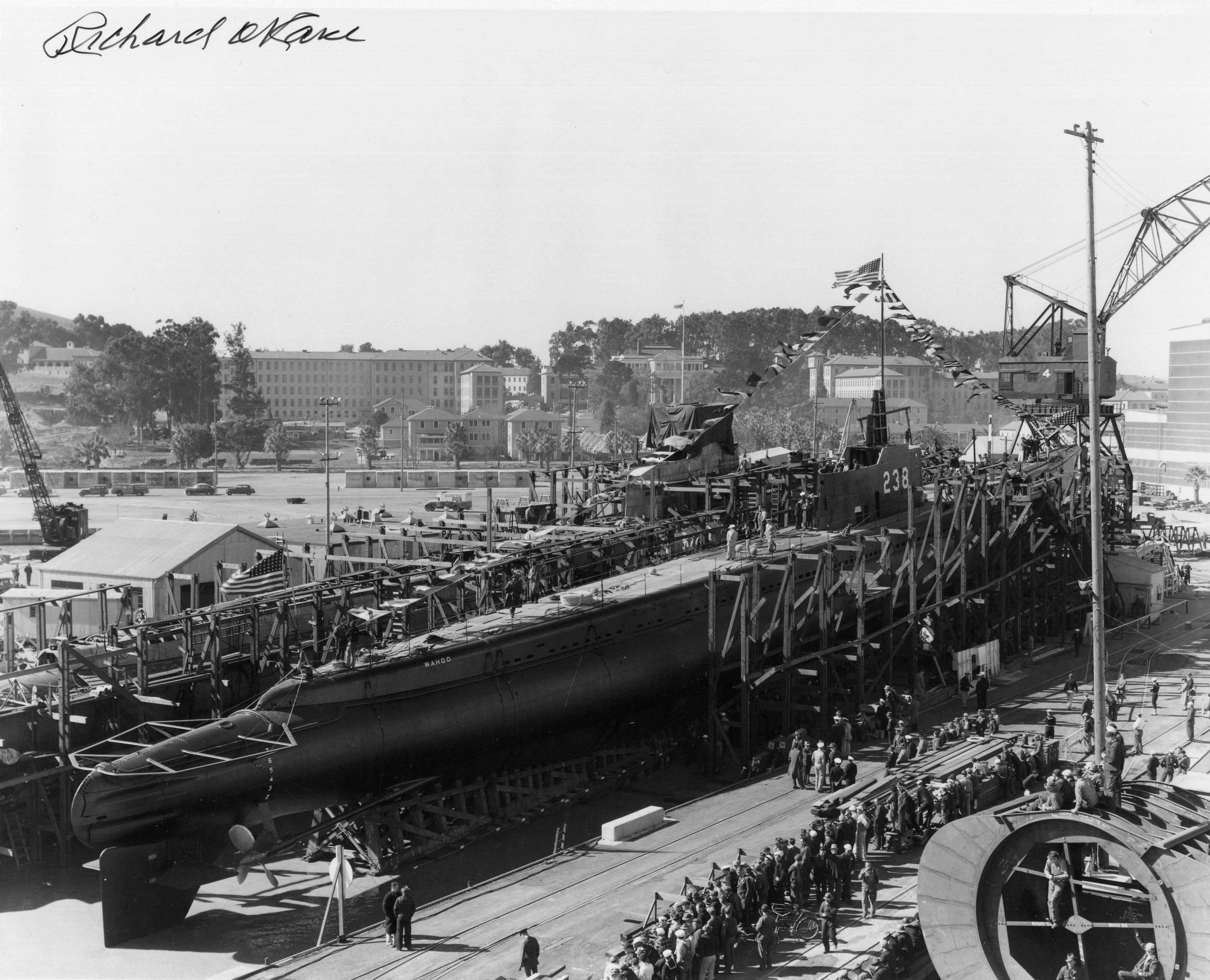Launching of submarine Wahoo, Mare Island Navy Yard, Vallejo, California, United States, 14 Feb 1942, photo 1 of 4; note submarine Whale nearby