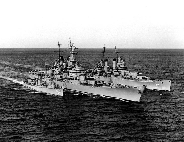 US Navy destroyer Buck, battleship Wisconsin, and heavy cruiser Saint Paul off Korea, 22 Feb 1952, photo 1 of 2