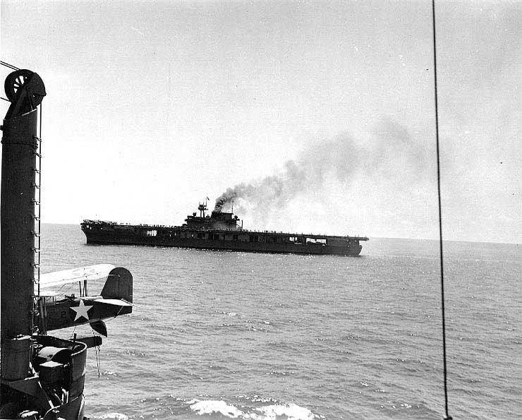 Yorktown stopped after receiving bombs, seen from cruiser Astoria, just after 1200, 4 Jun 1942