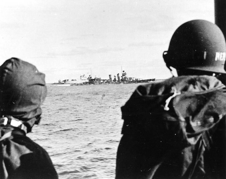 Cruiser Vincennes and a destroyer guarded Yorktown as the carrier was being abandoned, 4 Jun 1942
