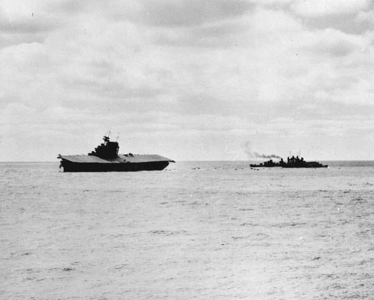 Destroyer Balch guarded Yorktown as the carrier was being abandoned, 4 Jun 1942, photo 2 of 2