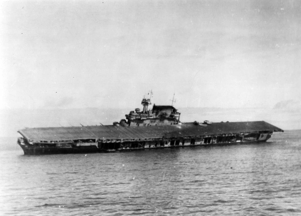 Yorktown listing heavily after abandonment, 4 Jun 1942
