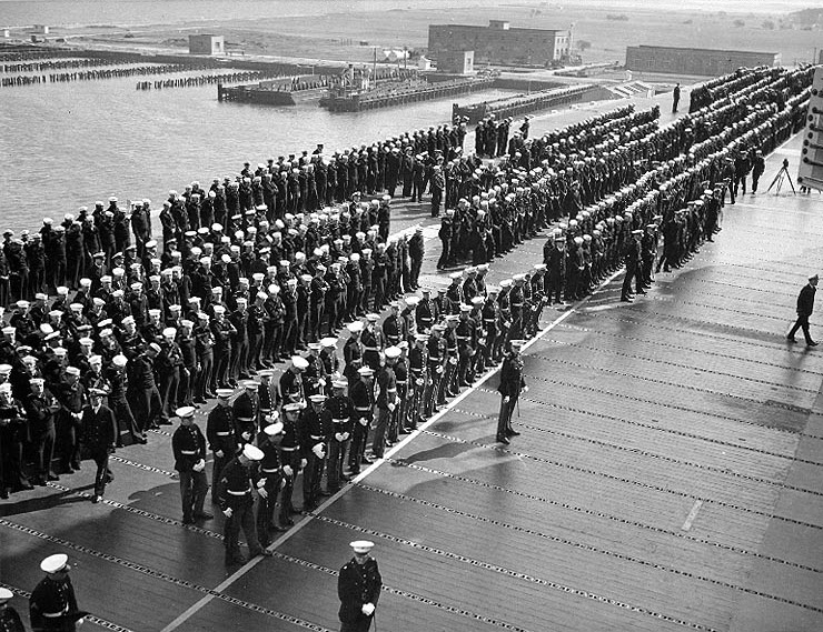 Commissioning ceremony of USS Yorktown, Naval Operating Base, Norfolk, Virginia, United States, 30 Sep 1937