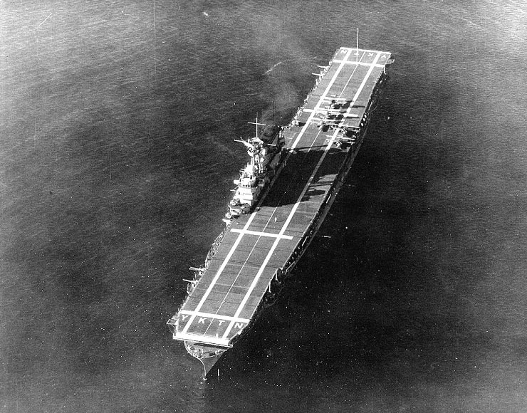USS Yorktown anchored in the Caribbean Sea during her shakedown cruise, 17 Jan 1938