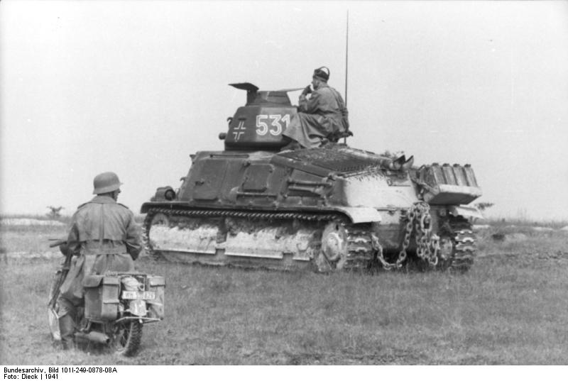 German soldiers on PzKpfw 35 S 739(f) medium tank and motorcycle, France, 1941