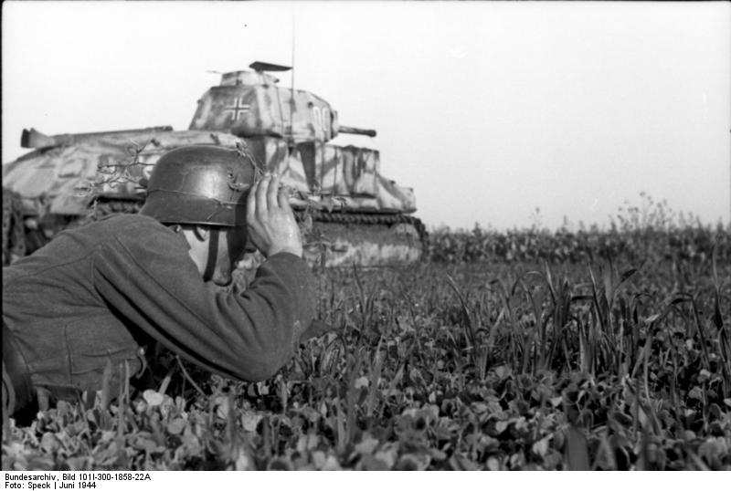 German soldier with binoculars in the Flanders region of France or Belgium, Jun 1944; note PzKpfw 35 S 739(f) medium tank in background