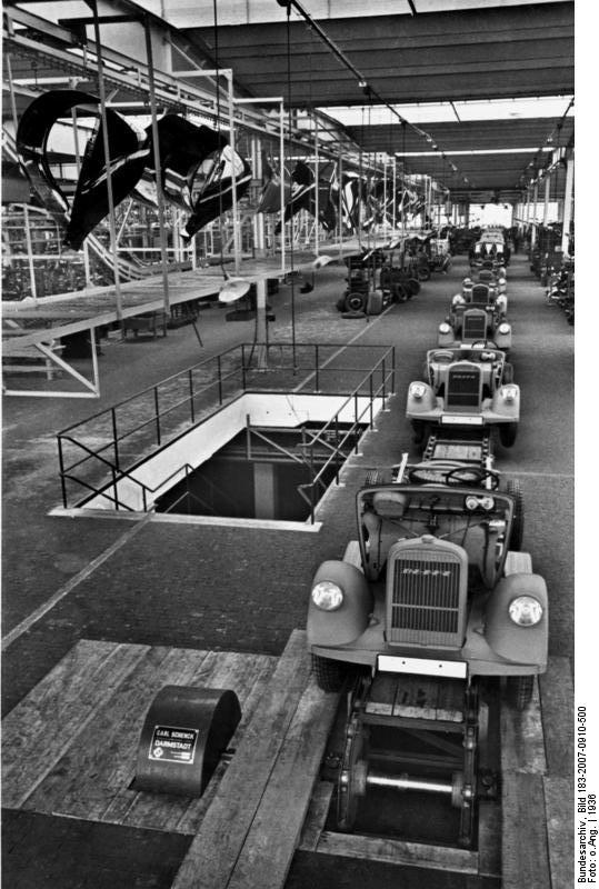 Blitz trucks being assembled at an Adam Opel AG factory in Brandenburg, Germany, 1936