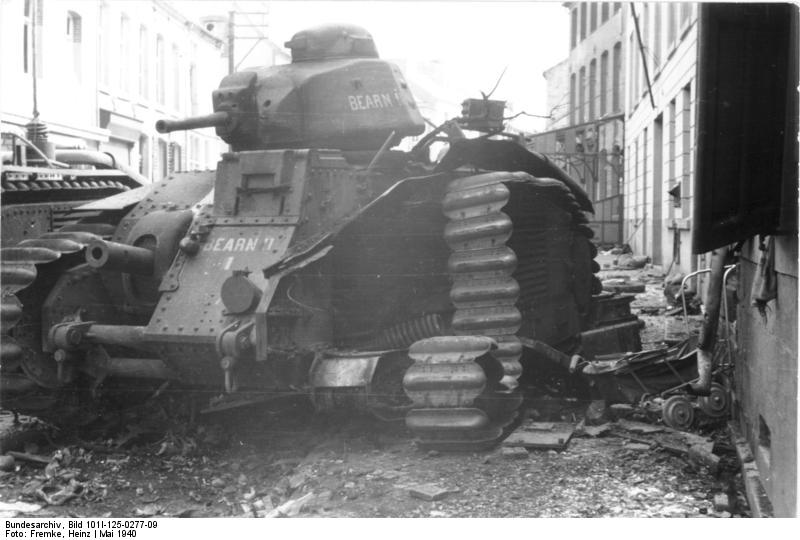 Scuttled French Char B1 heavy tank in Beaumont, Belgium, 16 May 1940, photo 1 of 2