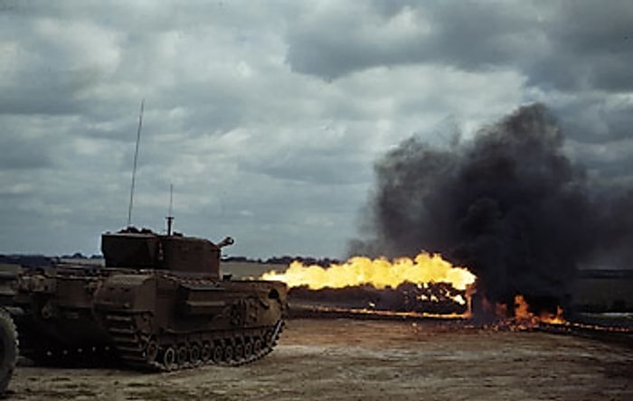 Churchill Crocodile flamethrower tank in action, Aug 1944