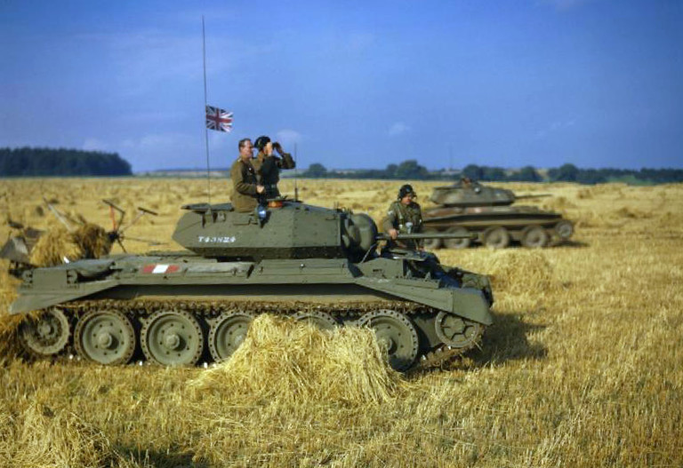 General Bernard Paget in a Crusader tank of British 42nd Armoured Division during an exercise near Malton, Yorkshire, England, United Kingdom, 29 Sep 1942; note Covenanter tank in background
