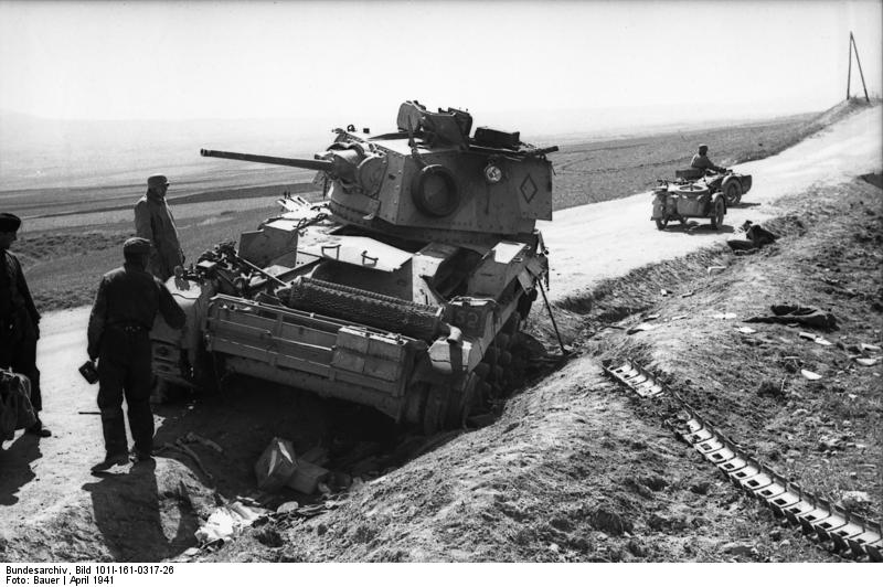 British Cruiser Mk II tank disabled by having lost a track, Greece, Apr 1941