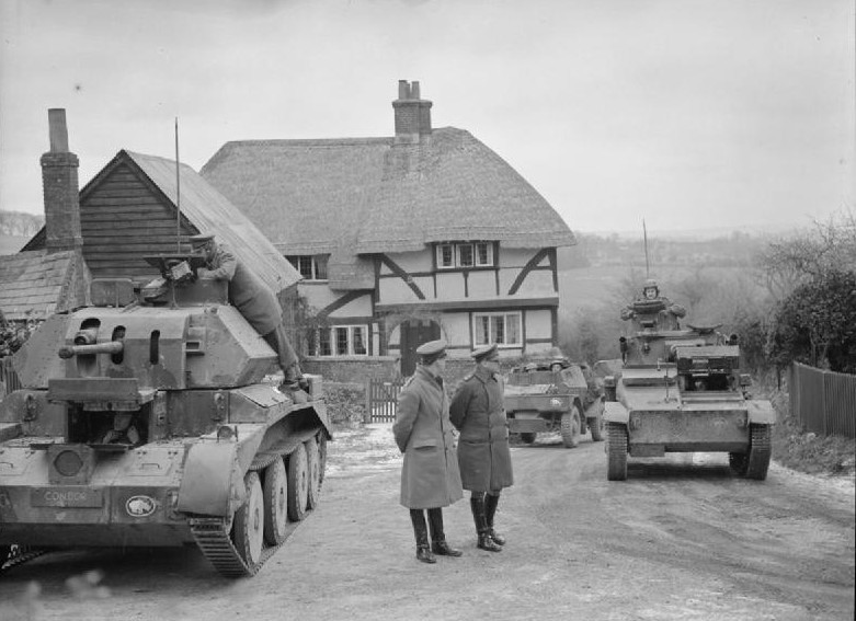 Cruiser Mk IV tank and Light Tank Mk VIB of 3rd County of London Yeomanry of British 1st Armoured Division on exercise at Arundel, Sussex County, England, United Kingdom, 5 Feb 1941