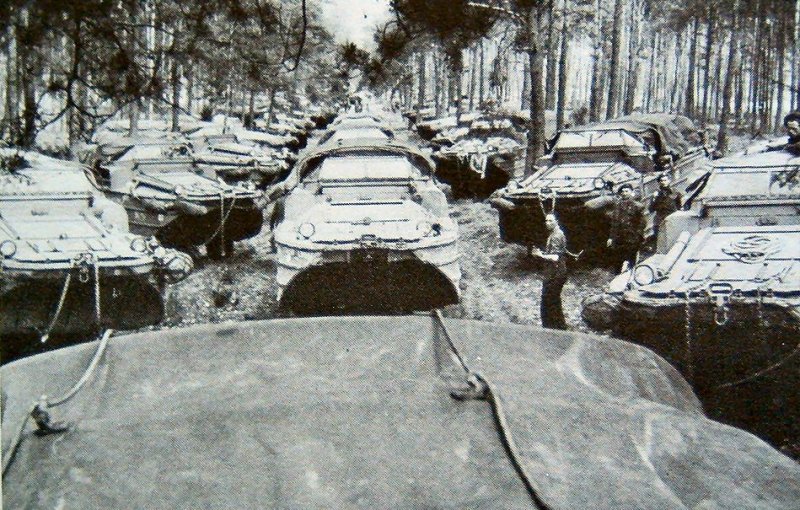 DUKWs lining up in a forest in preparation for Normandy invasion, England, United Kingdom, May 1944