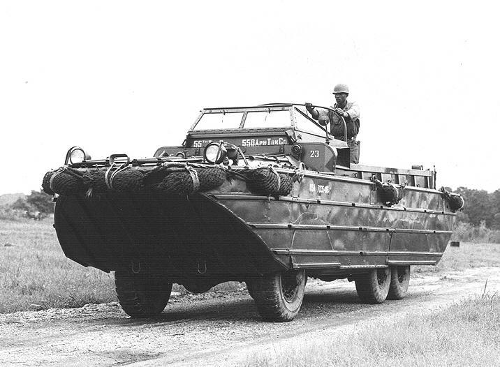 DUKW of the US Army 558th Amphibious Truck Company moving along a Korean road probably near Inchon, 1951