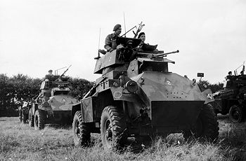 Humber armored cars of the Inns of Court Regiment, UK 9th Armoured Division on parade at Guisborough, Yorkshire, England, UK, 19 Aug 1941