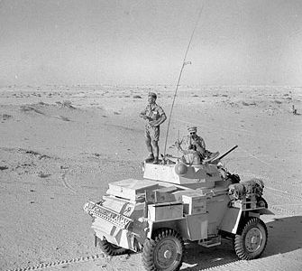A Humber Mk II armoured car of the UK 12th Royal Lancers on patrol south of El Alamein, Egypt, Jul 1942