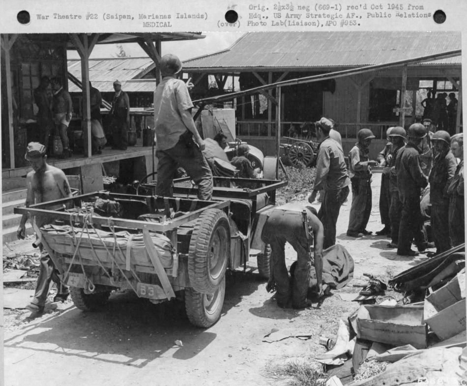 Jeep modified to carry wounded on litters, Saipan, Mariana Islands, 1945
