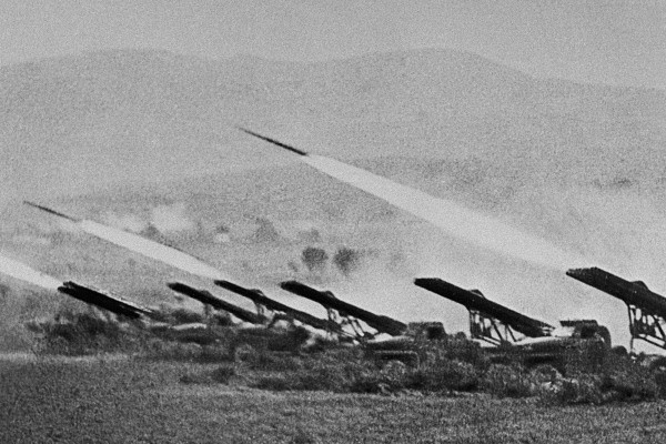 Katyusha rocket launchers firing near Stalingrad, Russia, 28 Oct 1942