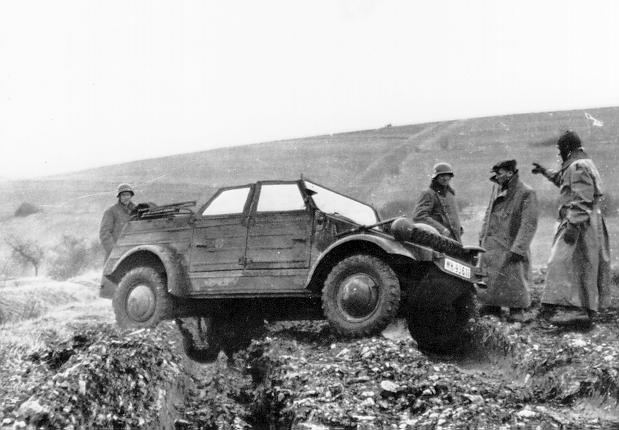 Type 82 Kübelwagen stuck in muddy ruts left by tanks, date unknown
