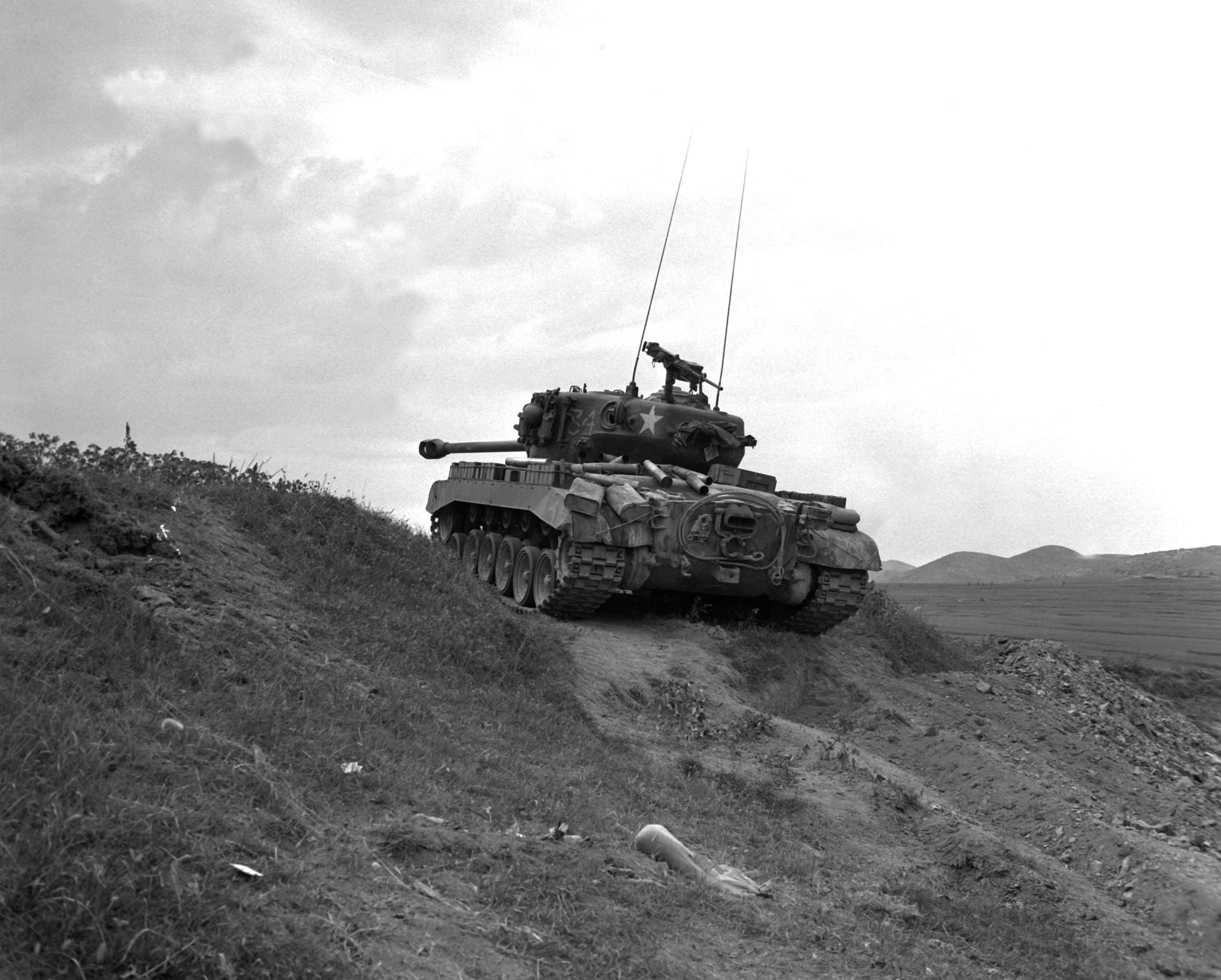 US Marine Corps Pershing tank near the Nakdong River, Korea, 3 Sep 1950