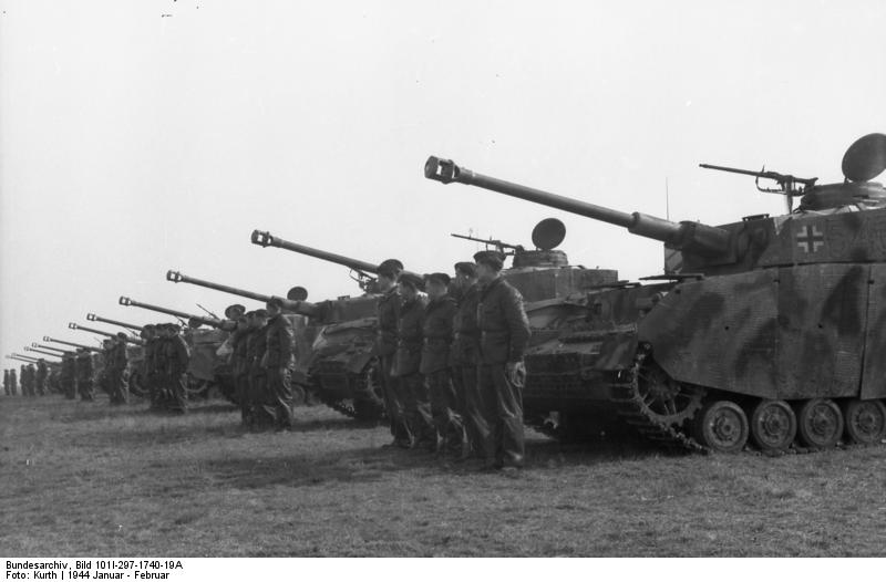 Panzer IV tanks and crews of German 12th SS Panzer Division 'Hitlerjugend' assembled for review by Rundstedt, France, Jan 1944