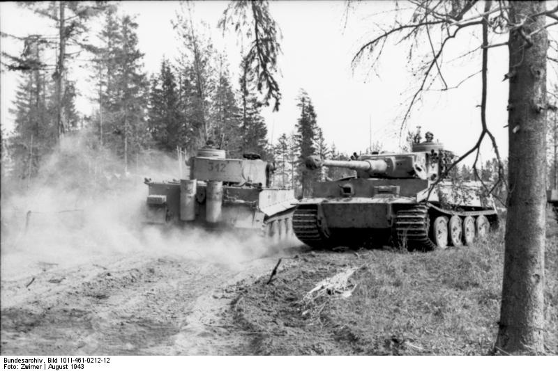Two German Tiger I heavy tanks in a forest near Lake Ladoga, northwestern Russia, Aug 1943