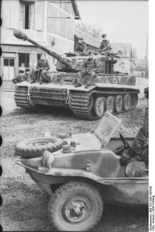 Tiger I heavy tank of the German 1st SS Division Leibstandarte SS Adolf Hitler and Schwimmwagen vehicle in Morgny, France, 7 Jun 1944, photo 2 of 3