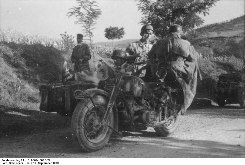 German troops and R75 motorcycle deployed in support of the Gran Sasso raid to free Benito Mussolini, Abruzzo, Italy, 13 Sep 1943
